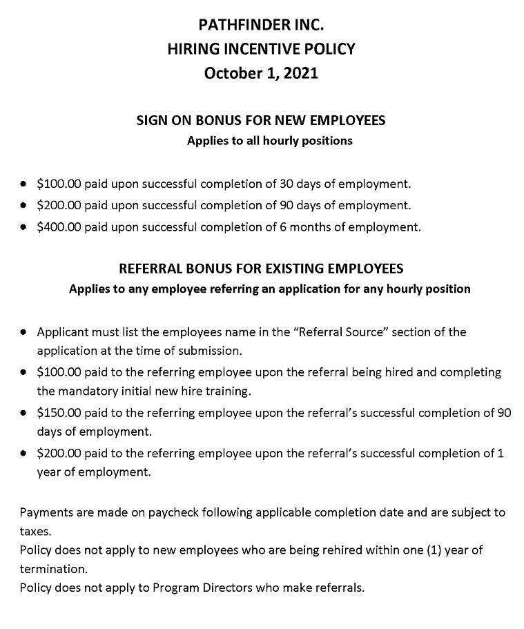 Pathfinder Hiring Incentive of 10-1-2021